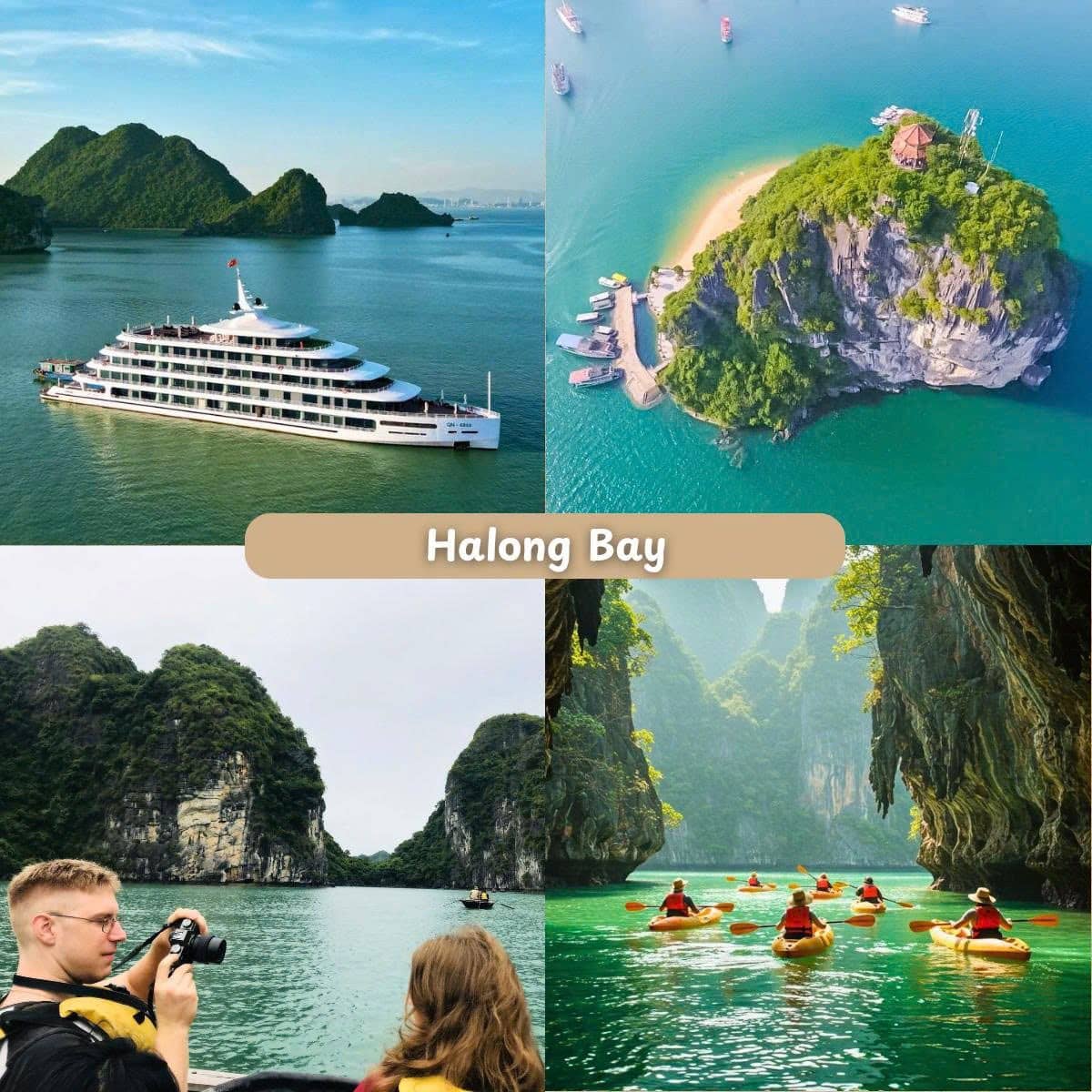 Halong Bay limestone islands and emerald water.